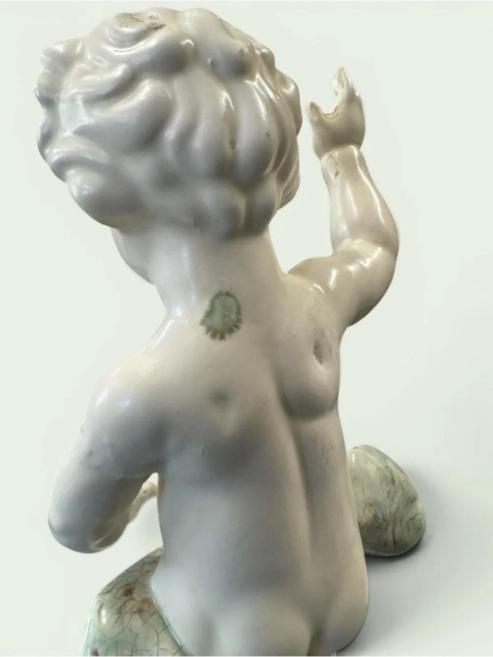 Vintage Cream Ceramic Cherub Figurine with Pale Aqua Drapery 16” x 6”